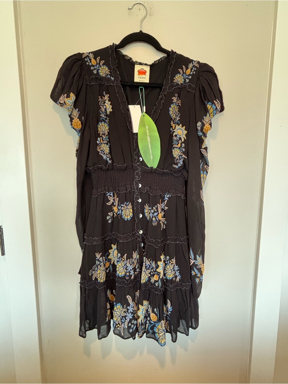 NWT FARM Rio Black Mini Dress with Yellow & Blue Floral Embroidery - Picture 5 of 11